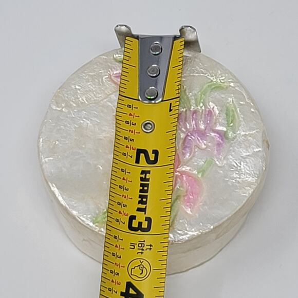 Capiz Shell Trinket Box Tray Floral Orchid Inlay Scalloped Edge Vintage SM CHIP - Picture 11 of 14